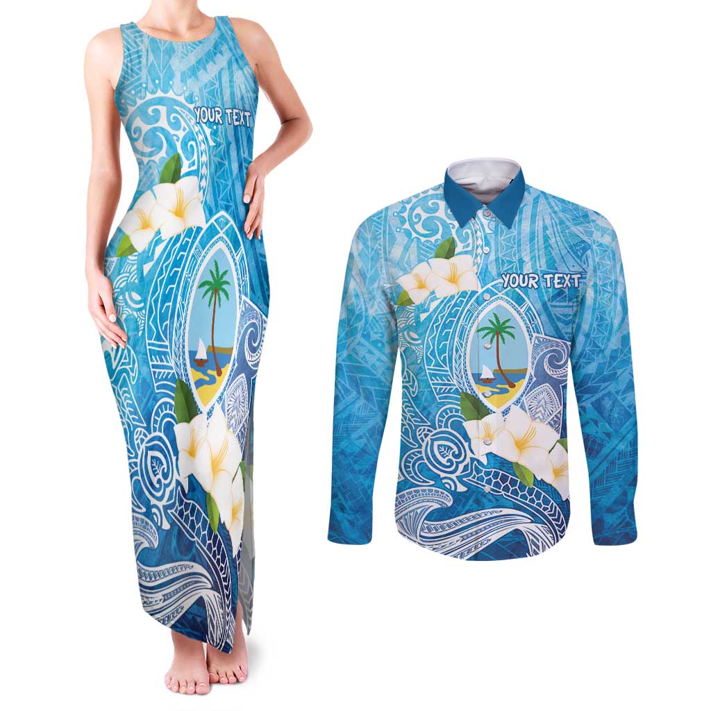 Hafa Adai Guam Chamorro Personalized Couples Matching Tank Maxi Dress and Long Sleeve Button Shirt Ocean Blue Latte Stone with Guasali - Polynesian Pride