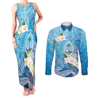 Hafa Adai Guam Chamorro Personalized Couples Matching Tank Maxi Dress and Long Sleeve Button Shirt Ocean Blue Latte Stone with Guasali - Polynesian Pride