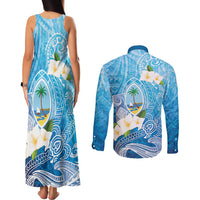 Hafa Adai Guam Chamorro Personalized Couples Matching Tank Maxi Dress and Long Sleeve Button Shirt Ocean Blue Latte Stone with Guasali - Polynesian Pride