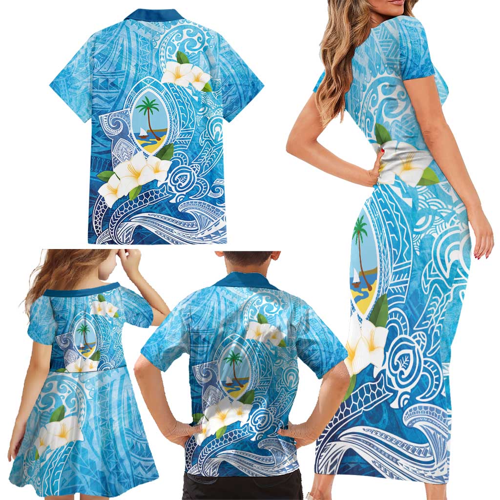 Hafa Adai Guam Chamorro Personalized Family Matching Short Sleeve Bodycon Dress and Hawaiian Shirt Ocean Blue Latte Stone with Guasali - Polynesian Pride