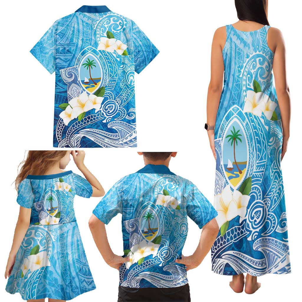 Hafa Adai Guam Chamorro Personalized Family Matching Tank Maxi Dress and Hawaiian Shirt Ocean Blue Latte Stone with Guasali - Polynesian Pride