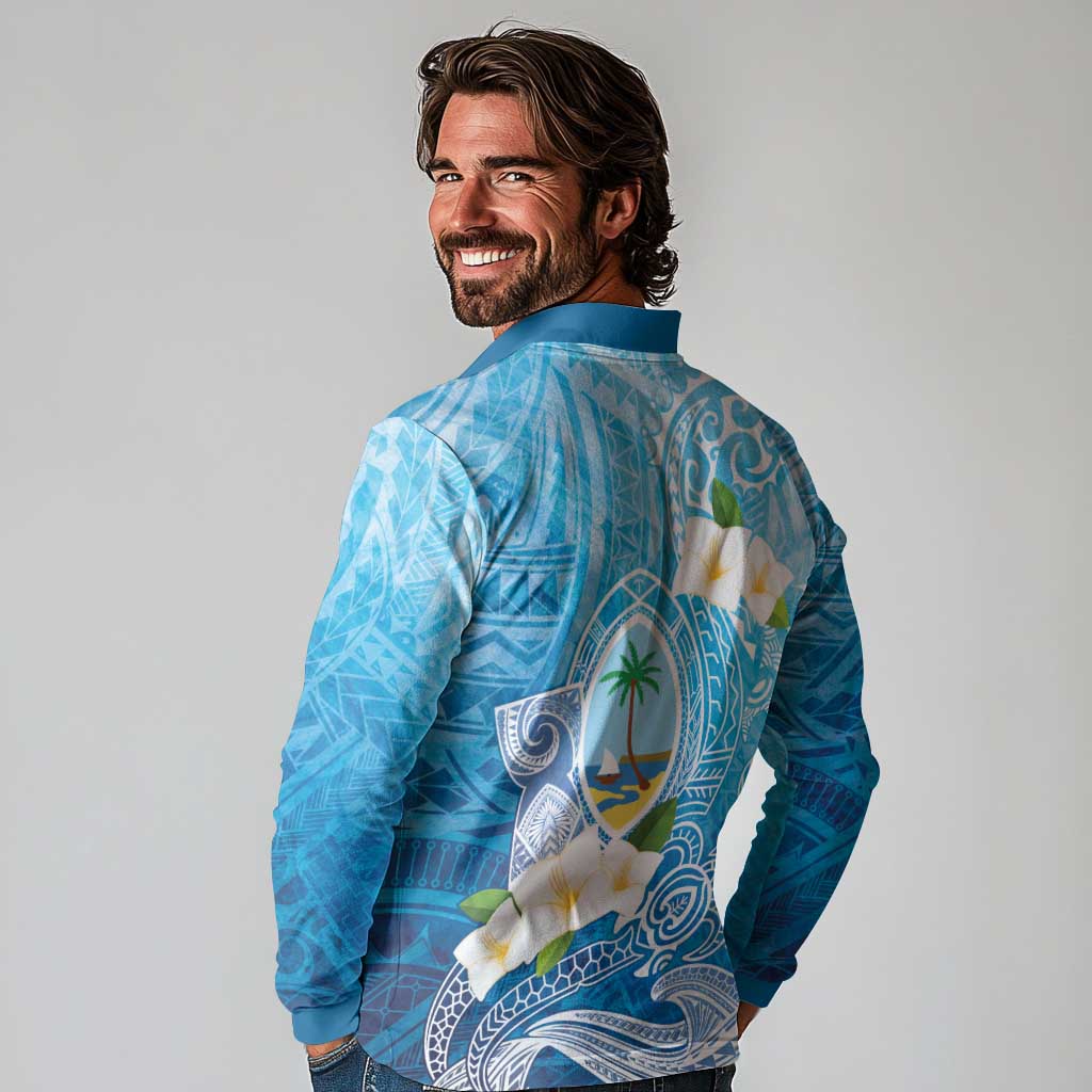 Hafa Adai Guam Chamorro Personalized Long Sleeve Polo Shirt Ocean Blue Latte Stone with Guasali - Polynesian Pride