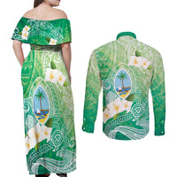 Hafa Adai Guam Chamorro Personalized Couples Matching Off Shoulder Maxi Dress and Long Sleeve Button Shirt Summer Green Latte Stone with Guasali - Polynesian Pride