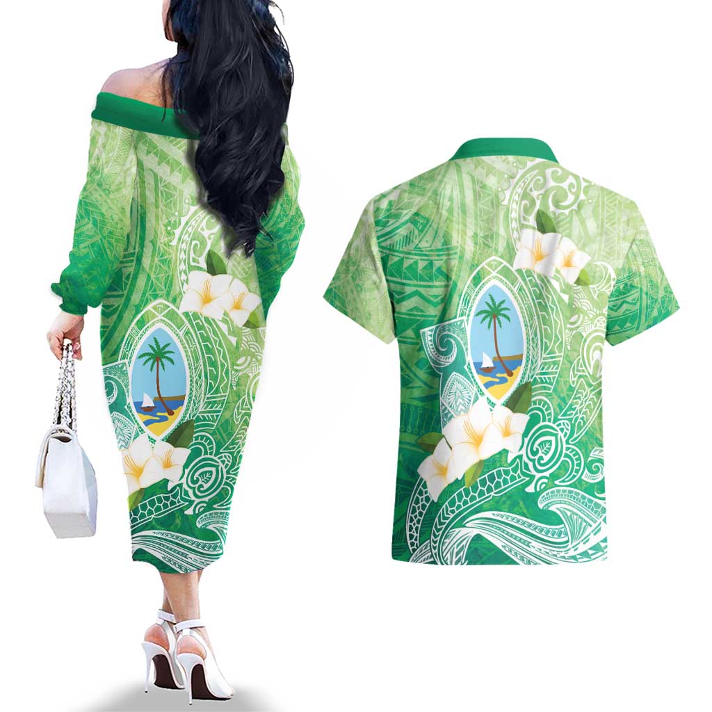 Hafa Adai Guam Chamorro Personalized Couples Matching Off The Shoulder Long Sleeve Dress and Hawaiian Shirt Summer Green Latte Stone with Guasali - Polynesian Pride
