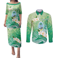 Hafa Adai Guam Chamorro Personalized Couples Matching Puletasi and Long Sleeve Button Shirt Summer Green Latte Stone with Guasali - Polynesian Pride