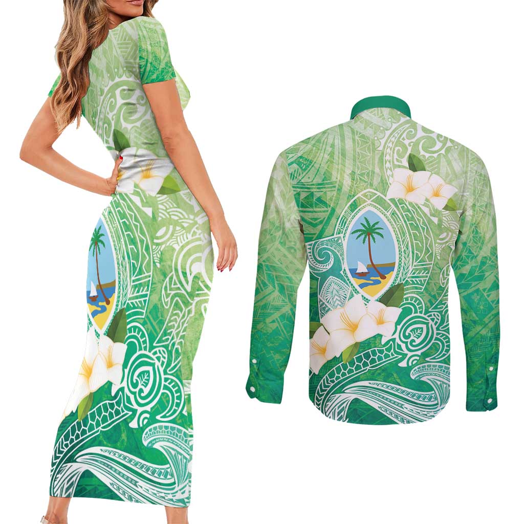 Hafa Adai Guam Chamorro Personalized Couples Matching Short Sleeve Bodycon Dress and Long Sleeve Button Shirt Summer Green Latte Stone with Guasali - Polynesian Pride