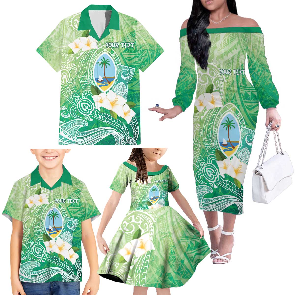 Hafa Adai Guam Chamorro Personalized Family Matching Off The Shoulder Long Sleeve Dress and Hawaiian Shirt Summer Green Latte Stone with Guasali - Polynesian Pride