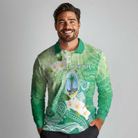 Hafa Adai Guam Chamorro Personalized Long Sleeve Polo Shirt Summer Green Latte Stone with Guasali - Polynesian Pride