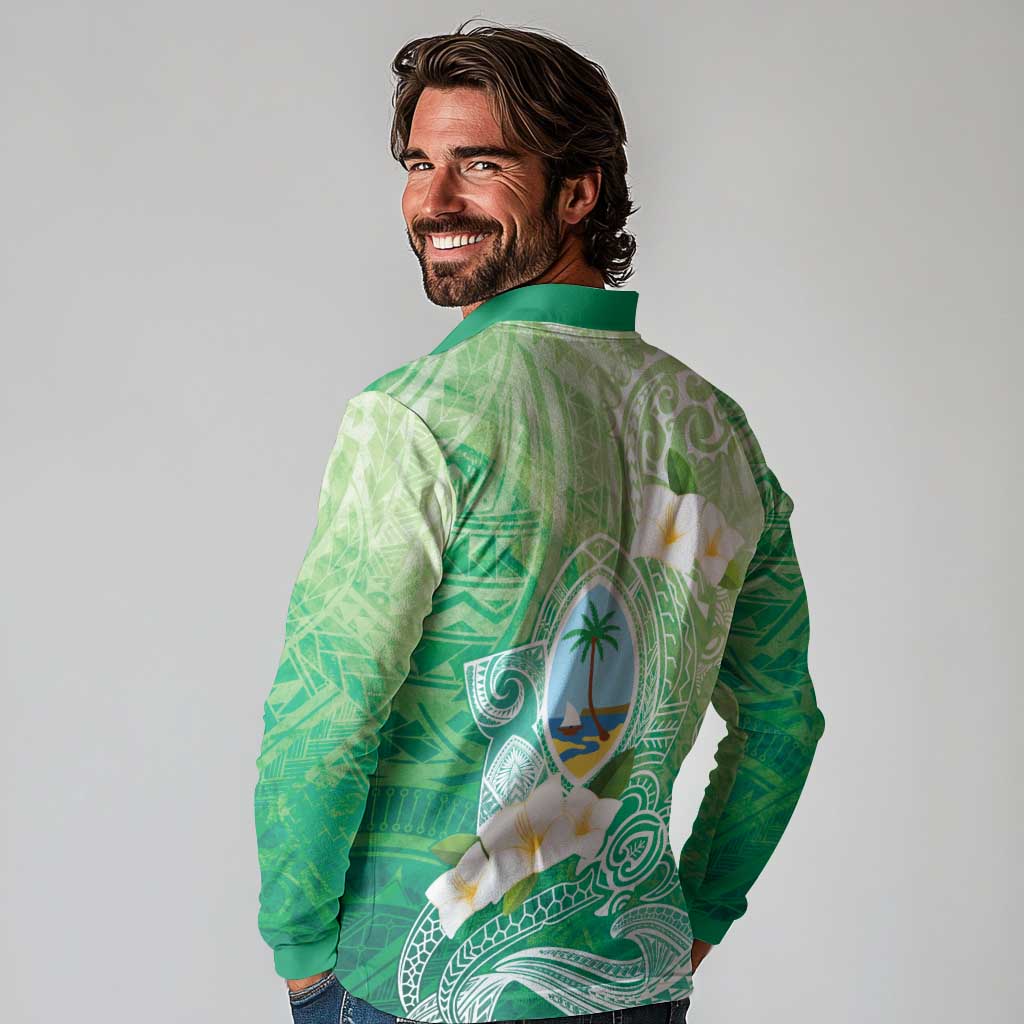 Hafa Adai Guam Chamorro Personalized Long Sleeve Polo Shirt Summer Green Latte Stone with Guasali - Polynesian Pride