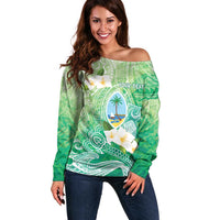 Hafa Adai Guam Chamorro Personalized Off Shoulder Sweater Summer Green Latte Stone with Guasali - Polynesian Pride