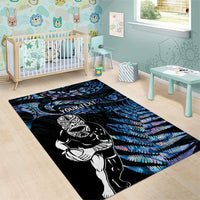New Zealand Maori Rugby Personalised Area Rug Ta Moko Silver Fern - Paua Blue
