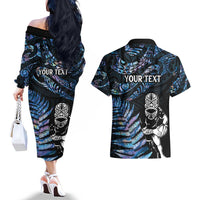 New Zealand Maori Rugby Personalised Couples Matching Off The Shoulder Long Sleeve Dress and Hawaiian Shirt Ta Moko Silver Fern - Paua Blue