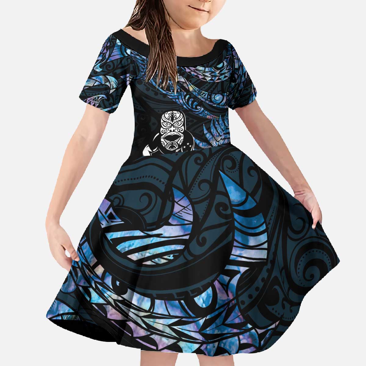 New Zealand Maori Rugby Personalised Family Matching Off The Shoulder Long Sleeve Dress and Hawaiian Shirt Ta Moko Silver Fern - Paua Blue
