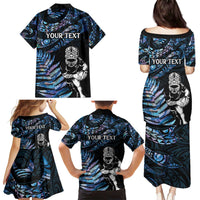New Zealand Maori Rugby Personalised Family Matching Puletasi and Hawaiian Shirt Ta Moko Silver Fern - Paua Blue