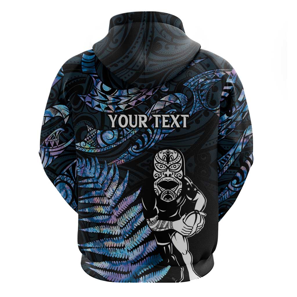 New Zealand Maori Rugby Personalised Zip Hoodie Ta Moko Silver Fern - Paua Blue