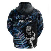 New Zealand Maori Rugby Personalised Zip Hoodie Ta Moko Silver Fern - Paua Blue