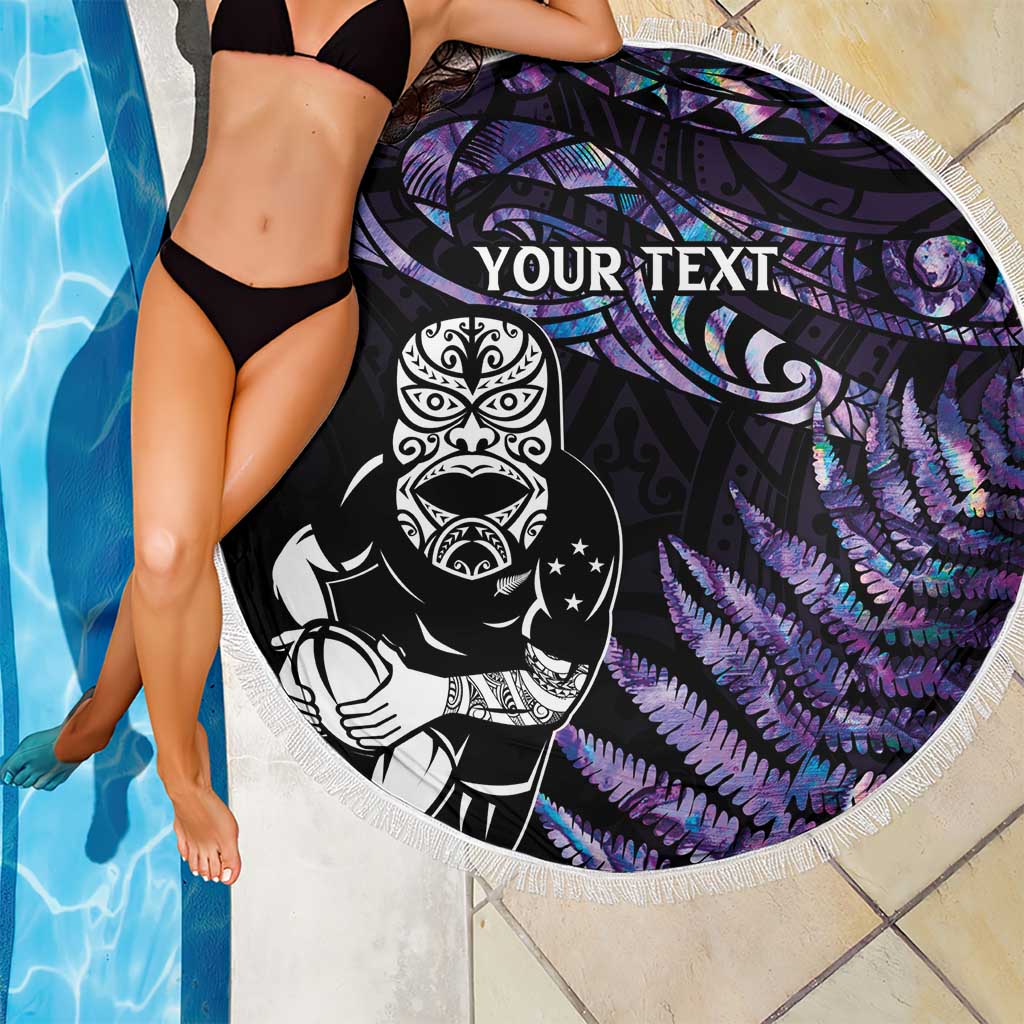 New Zealand Maori Rugby Personalised Beach Blanket Ta Moko Silver Fern - Paua Purple