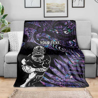 New Zealand Maori Rugby Personalised Blanket Ta Moko Silver Fern - Paua Purple