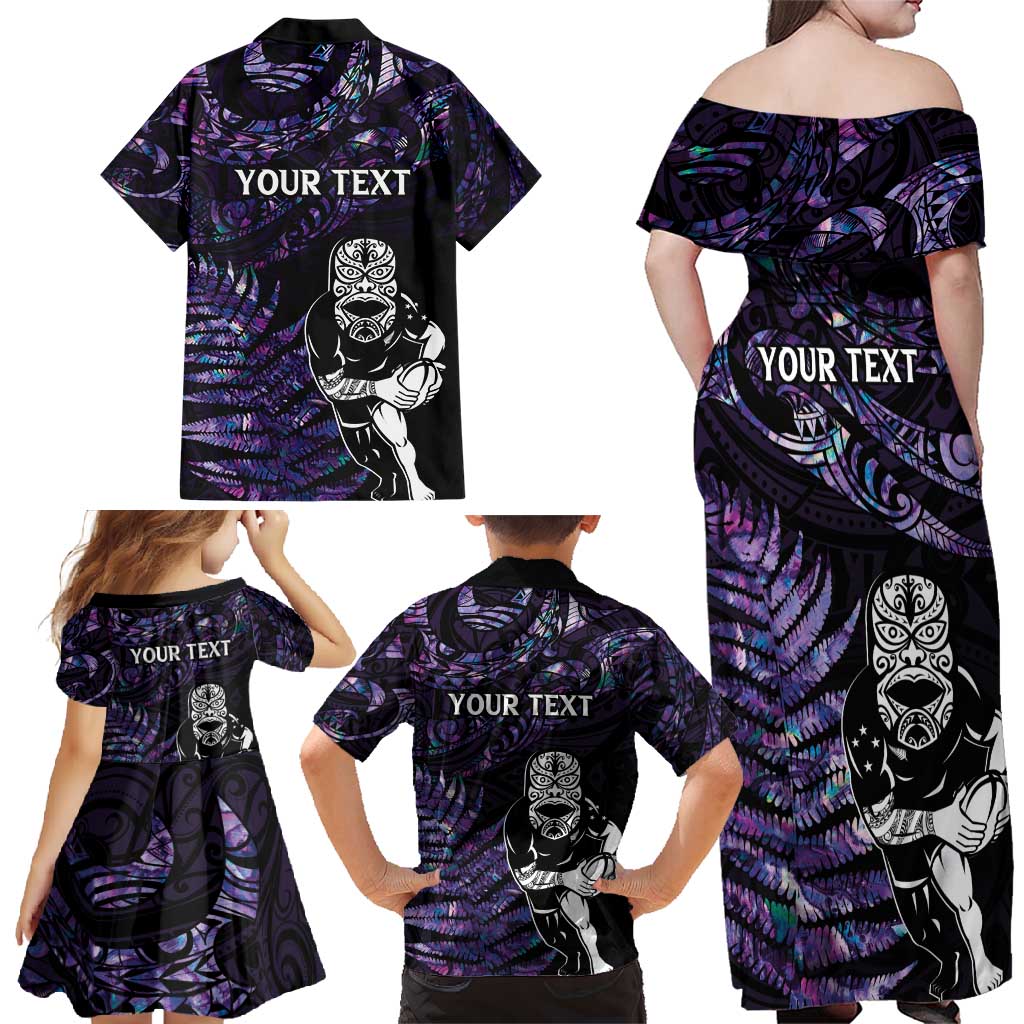 New Zealand Maori Rugby Personalised Family Matching Off Shoulder Maxi Dress and Hawaiian Shirt Ta Moko Silver Fern - Paua Purple