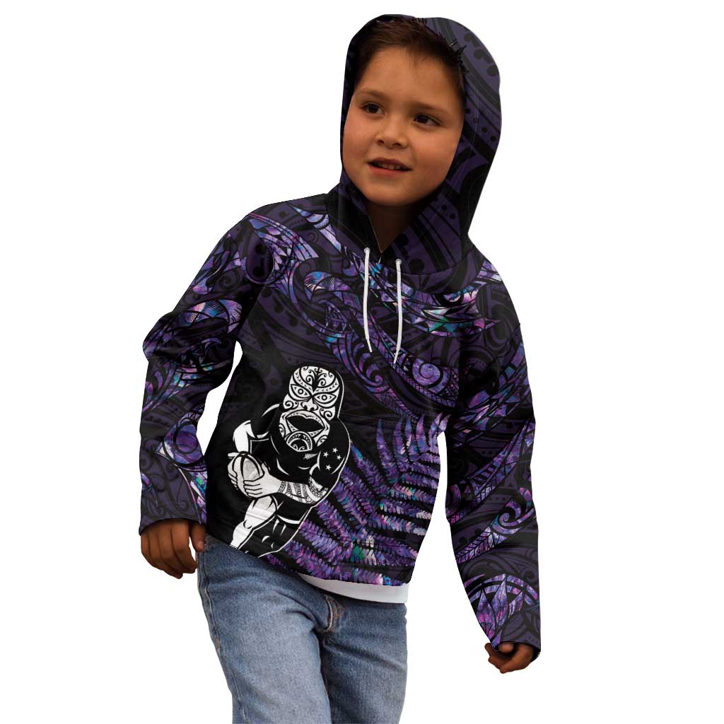 New Zealand Maori Rugby Personalised Kid Hoodie Ta Moko Silver Fern - Paua Purple