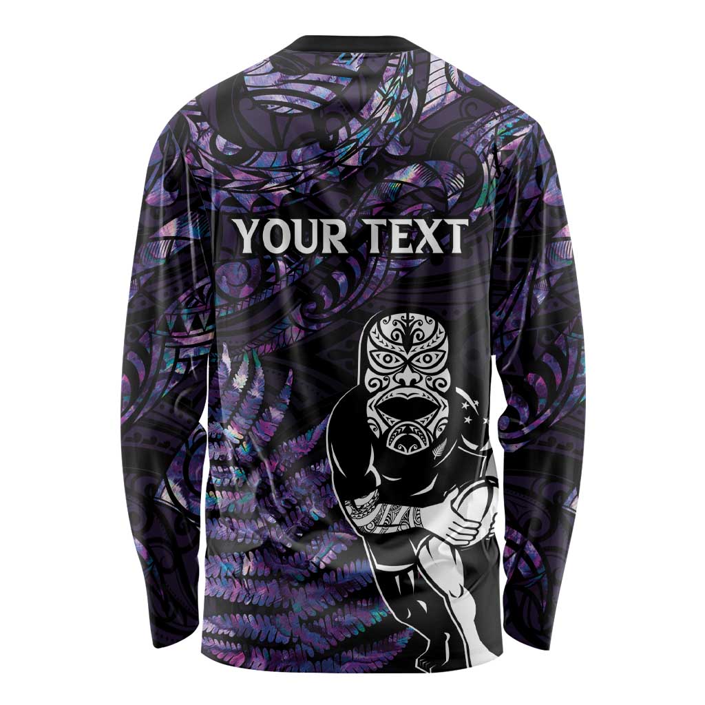 New Zealand Maori Rugby Personalised Long Sleeve Shirt Ta Moko Silver Fern - Paua Purple