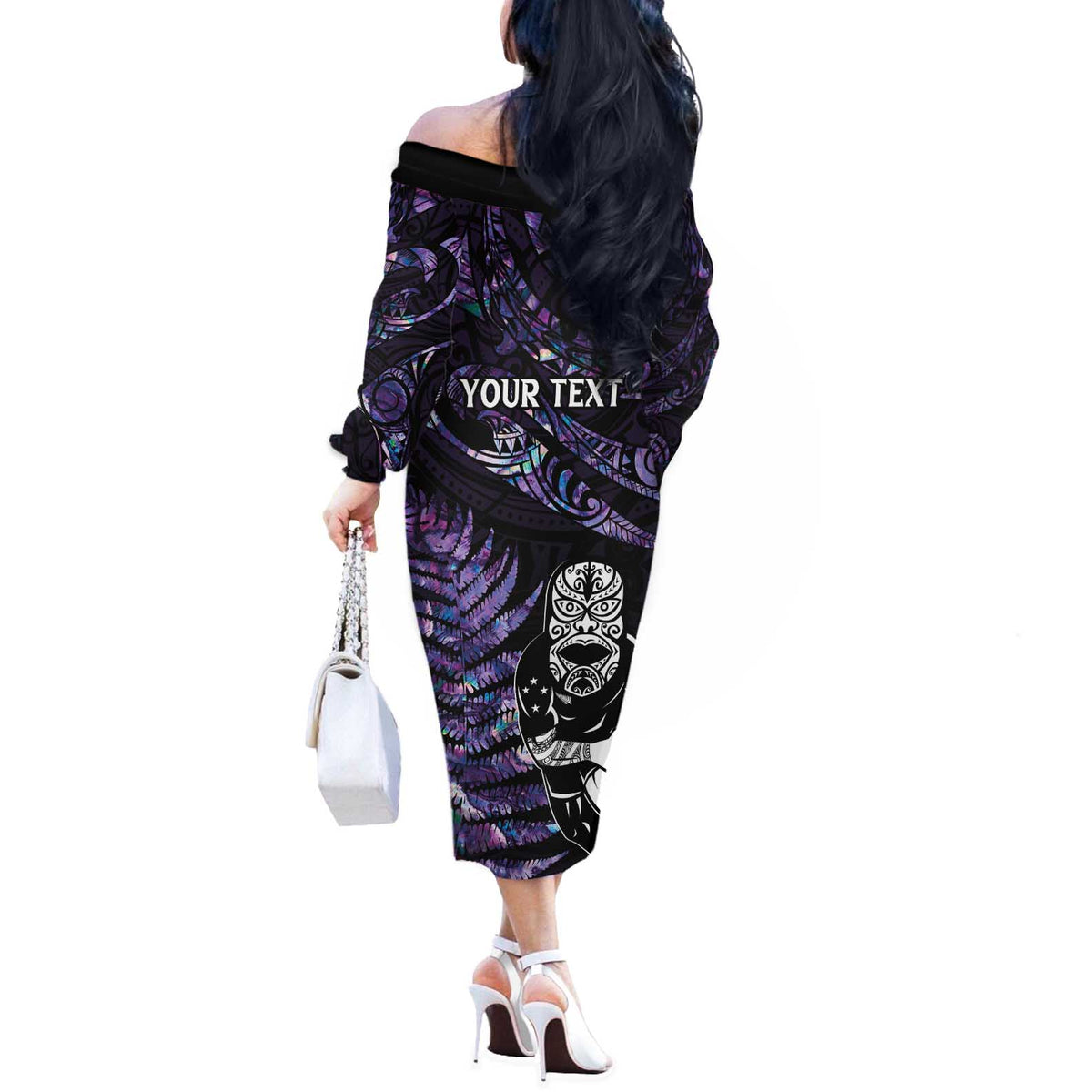 New Zealand Maori Rugby Personalised Off The Shoulder Long Sleeve Dress Ta Moko Silver Fern - Paua Purple