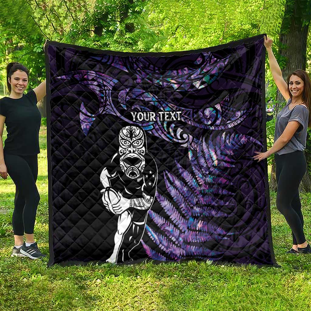 New Zealand Maori Rugby Personalised Quilt Ta Moko Silver Fern - Paua Purple