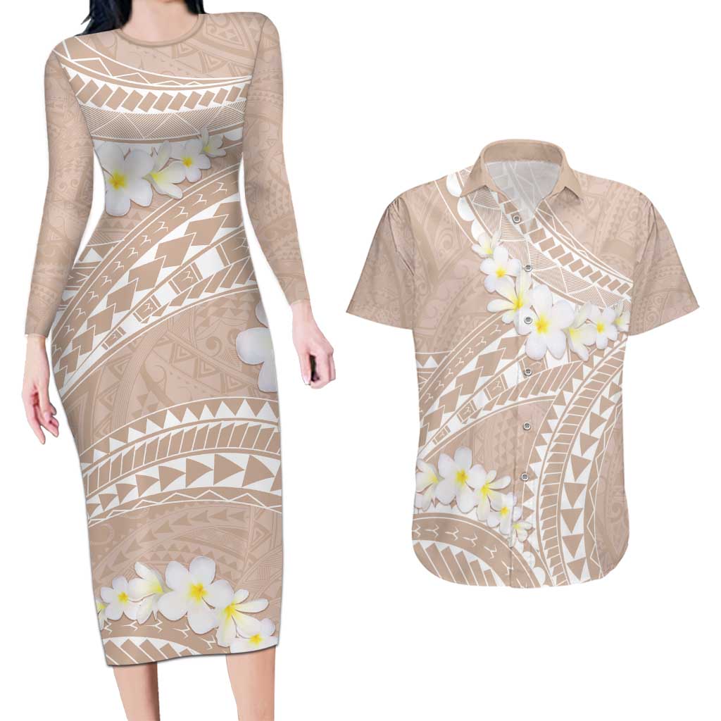 Polynesian Vintage Floral Couples Matching Long Sleeve Bodycon Dress and Hawaiian Shirt Beige Motifs - Polynesian Pride