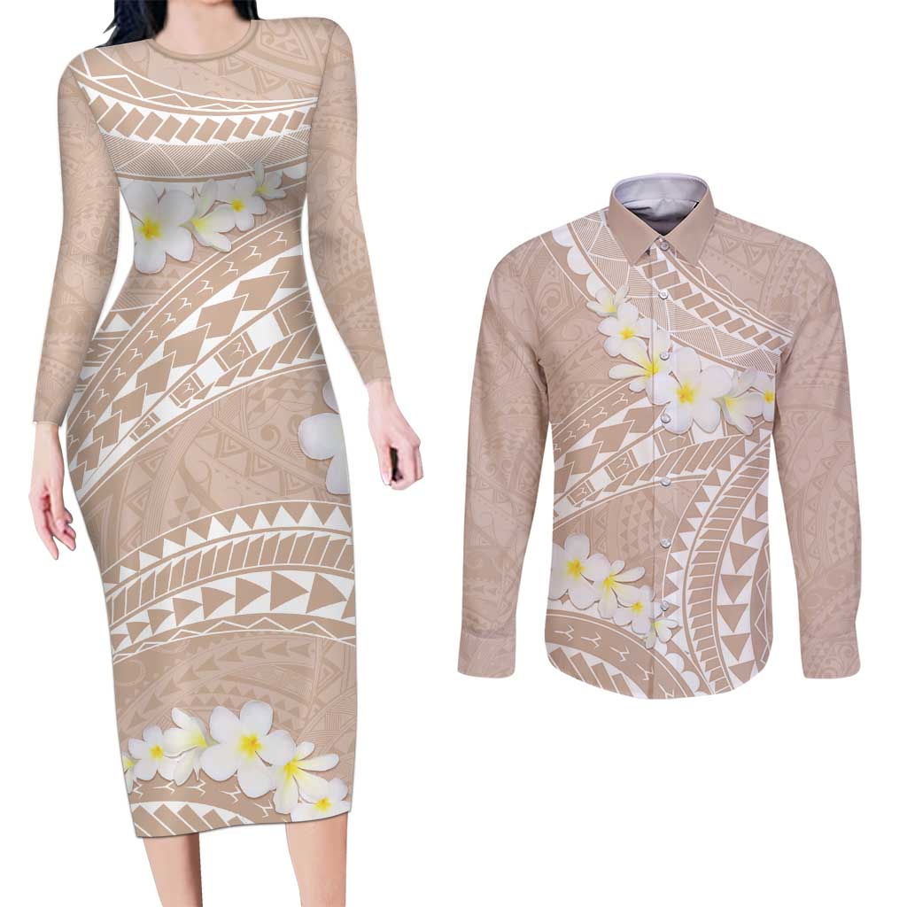 Polynesian Vintage Floral Couples Matching Long Sleeve Bodycon Dress and Long Sleeve Button Shirt Beige Motifs - Polynesian Pride