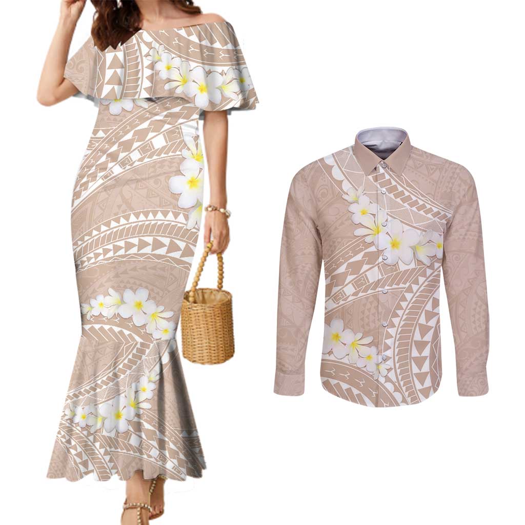 Polynesian Vintage Floral Couples Matching Mermaid Dress and Long Sleeve Button Shirt Beige Motifs - Polynesian Pride