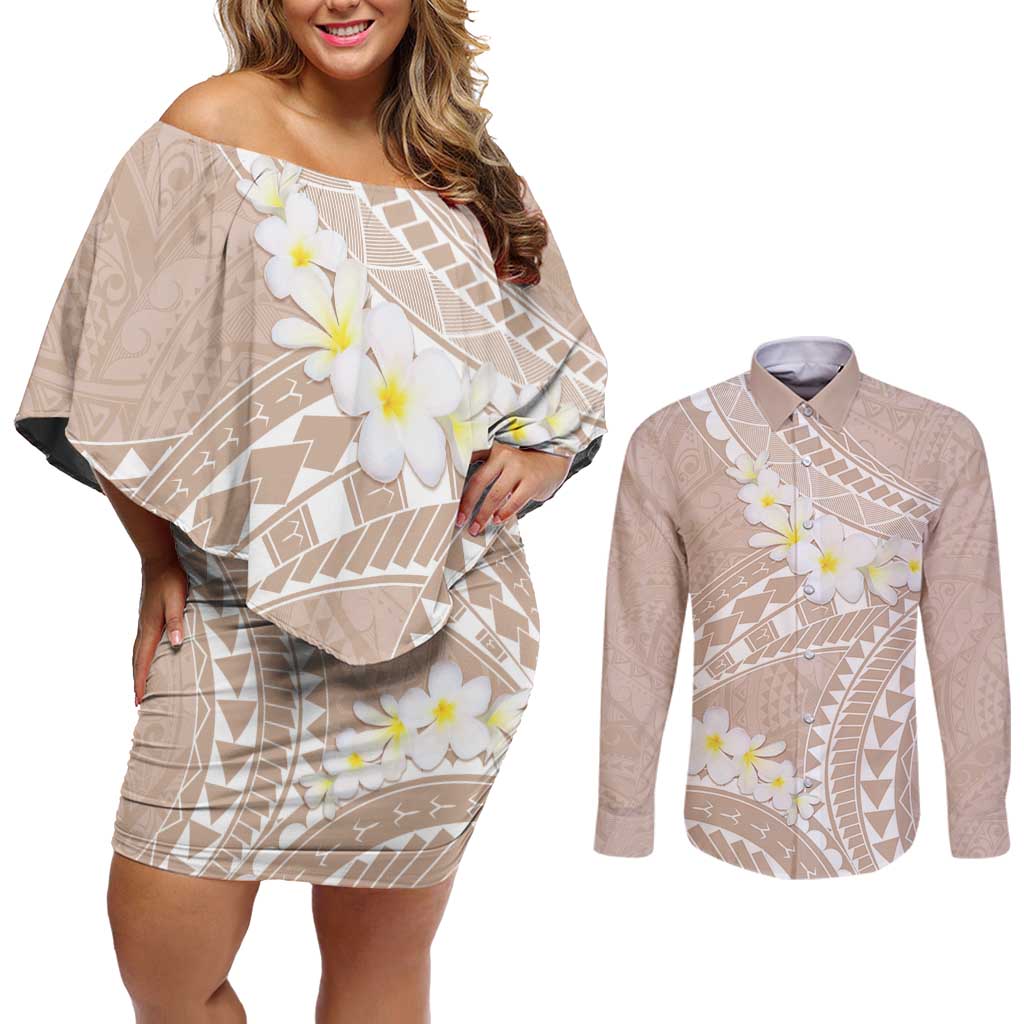 Polynesian Vintage Floral Couples Matching Off Shoulder Short Dress and Long Sleeve Button Shirt Beige Motifs - Polynesian Pride
