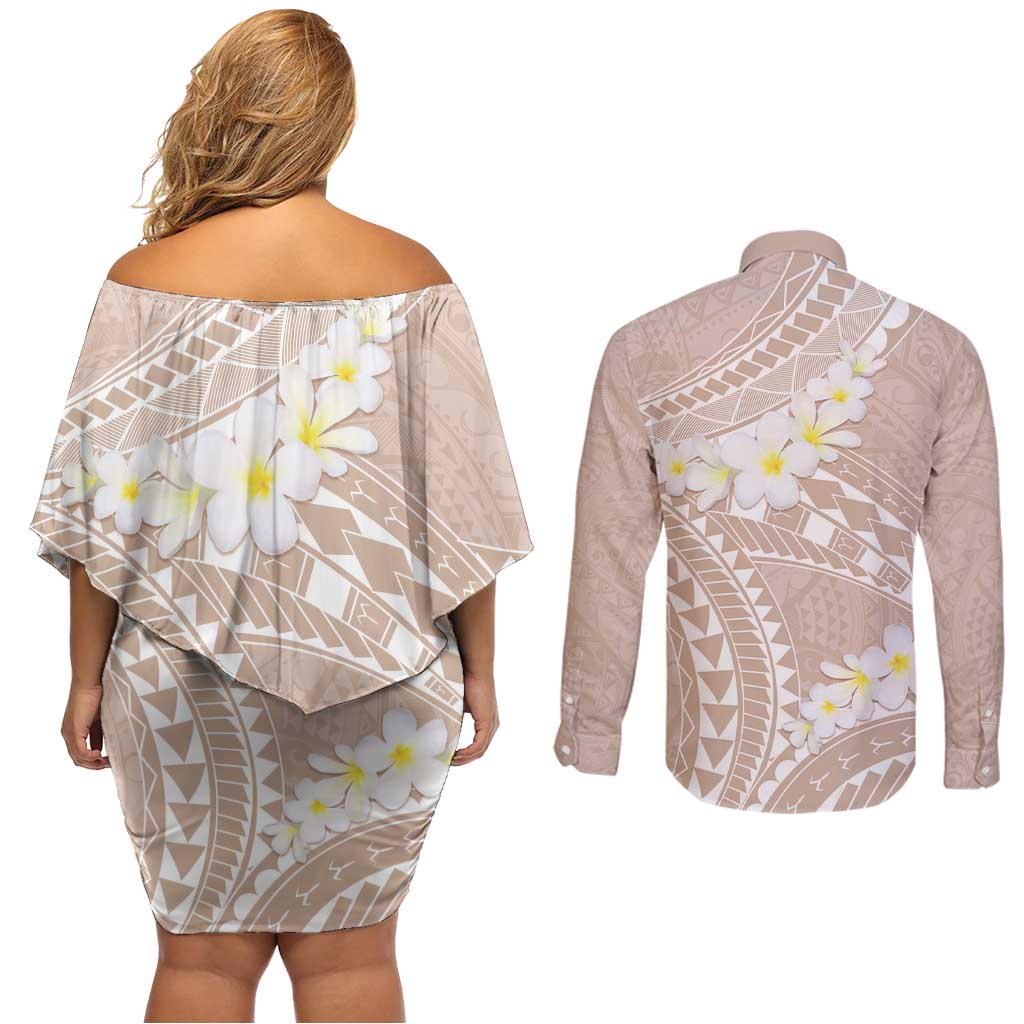 Polynesian Vintage Floral Couples Matching Off Shoulder Short Dress and Long Sleeve Button Shirt Beige Motifs - Polynesian Pride