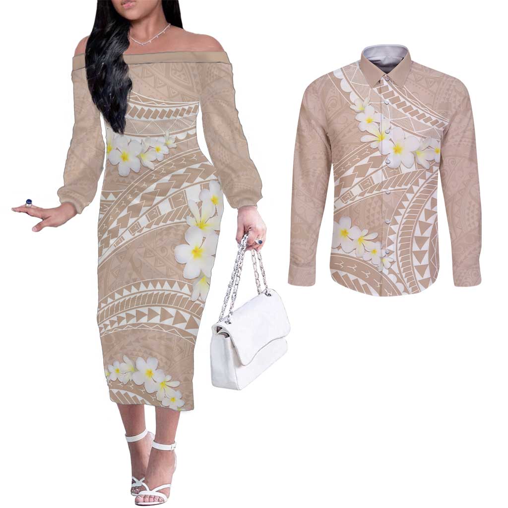 Polynesian Vintage Floral Couples Matching Off The Shoulder Long Sleeve Dress and Long Sleeve Button Shirt Beige Motifs - Polynesian Pride