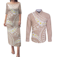 Polynesian Vintage Floral Couples Matching Puletasi and Long Sleeve Button Shirt Beige Motifs - Polynesian Pride