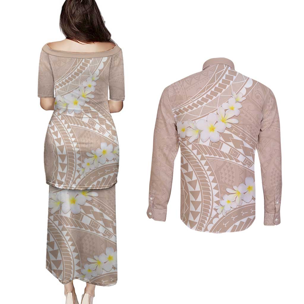 Polynesian Vintage Floral Couples Matching Puletasi and Long Sleeve Button Shirt Beige Motifs - Polynesian Pride
