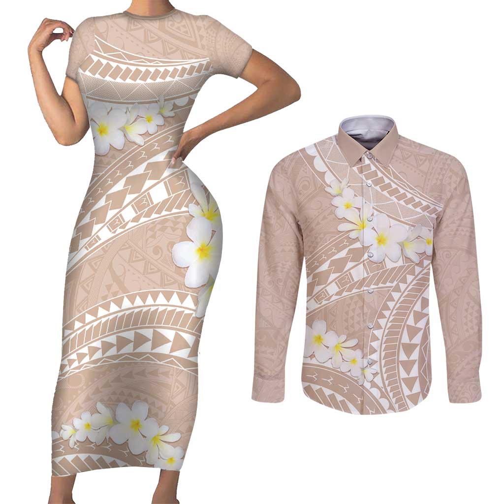 Polynesian Vintage Floral Couples Matching Short Sleeve Bodycon Dress and Long Sleeve Button Shirt Beige Motifs - Polynesian Pride