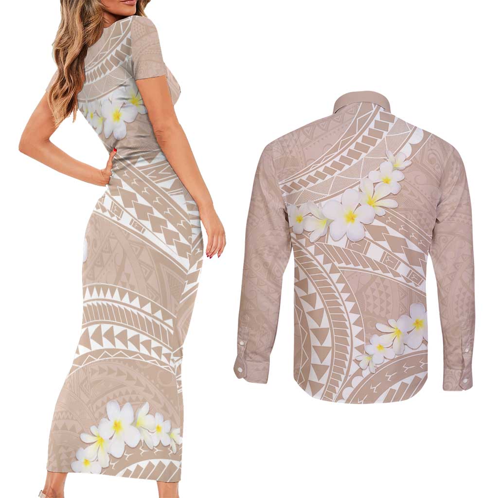Polynesian Vintage Floral Couples Matching Short Sleeve Bodycon Dress and Long Sleeve Button Shirt Beige Motifs - Polynesian Pride