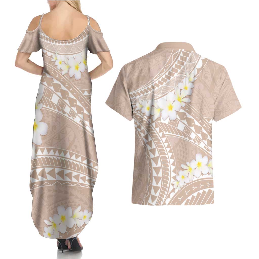 Polynesian Vintage Floral Couples Matching Summer Maxi Dress and Hawaiian Shirt Beige Motifs - Polynesian Pride