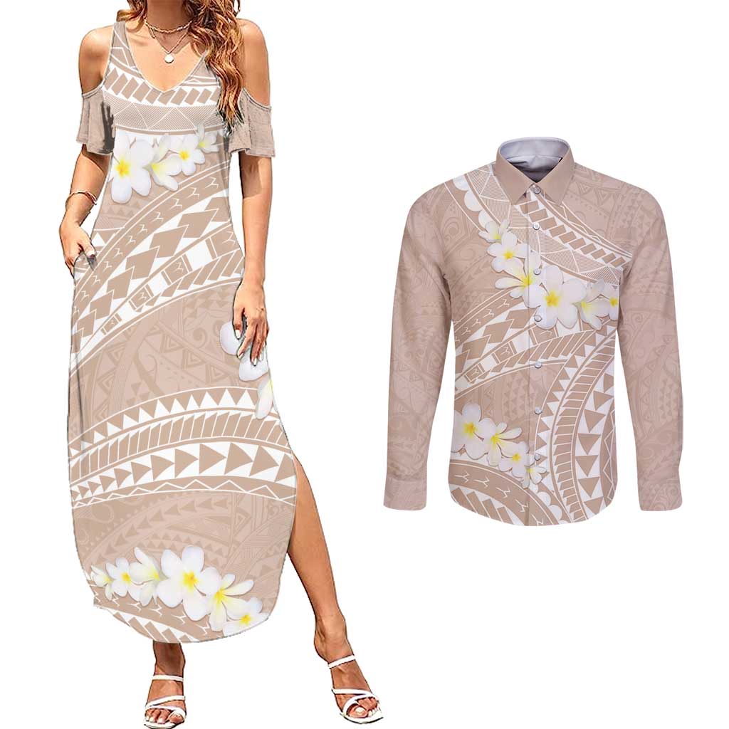 Polynesian Vintage Floral Couples Matching Summer Maxi Dress and Long Sleeve Button Shirt Beige Motifs - Polynesian Pride