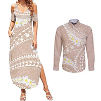 Polynesian Vintage Floral Couples Matching Summer Maxi Dress and Long Sleeve Button Shirt Beige Motifs - Polynesian Pride