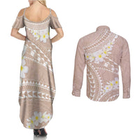 Polynesian Vintage Floral Couples Matching Summer Maxi Dress and Long Sleeve Button Shirt Beige Motifs - Polynesian Pride