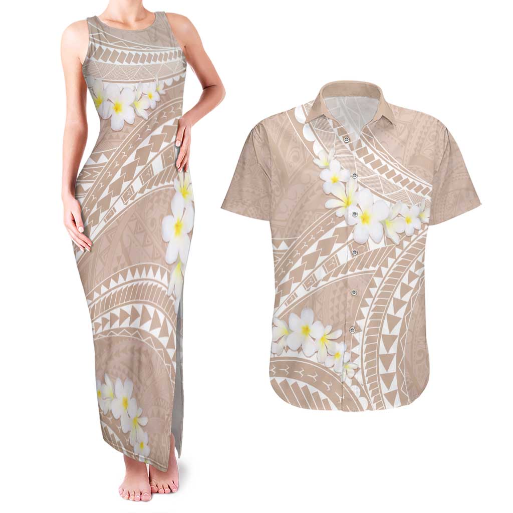 Polynesian Vintage Floral Couples Matching Tank Maxi Dress and Hawaiian Shirt Beige Motifs - Polynesian Pride