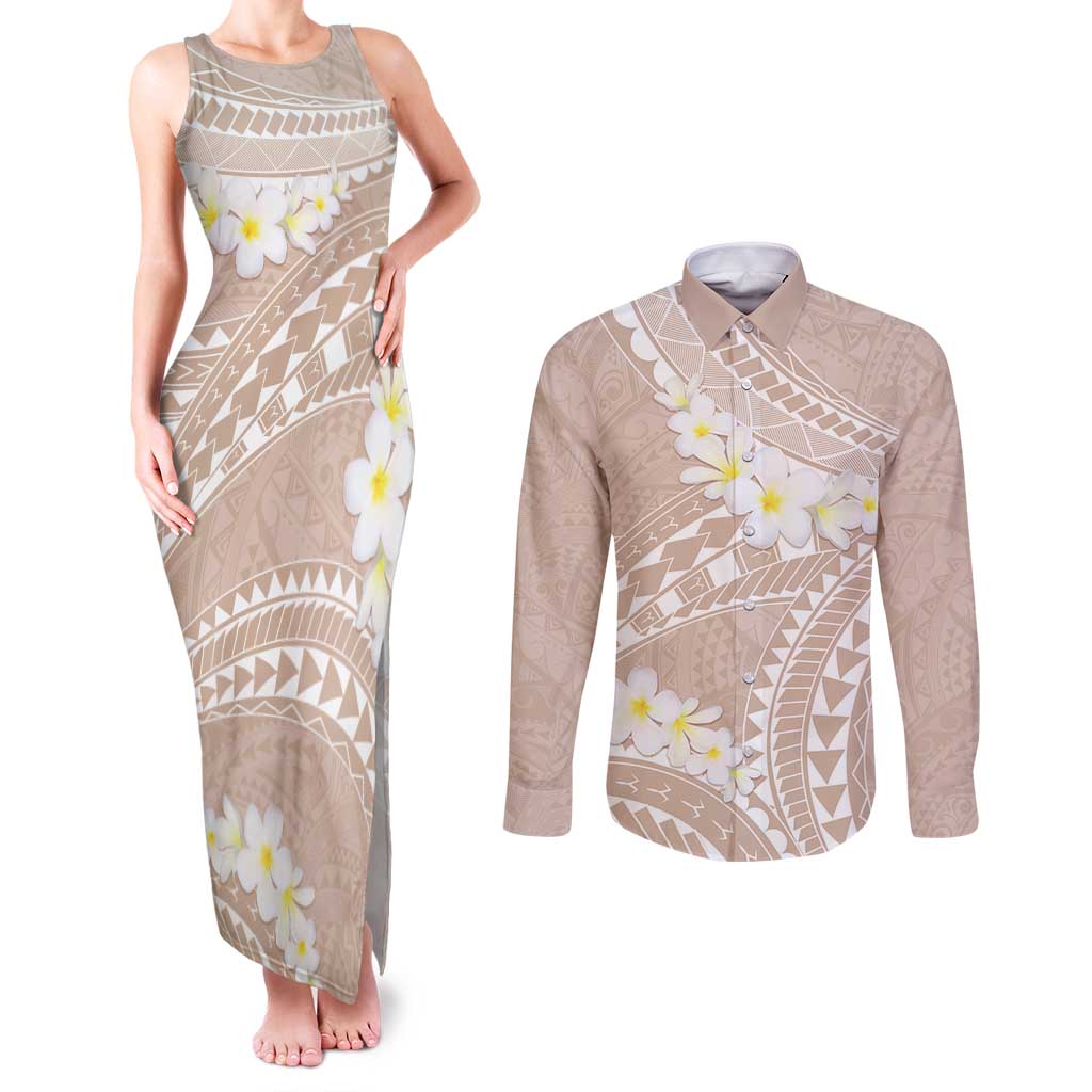 Polynesian Vintage Floral Couples Matching Tank Maxi Dress and Long Sleeve Button Shirt Beige Motifs - Polynesian Pride