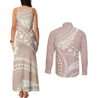 Polynesian Vintage Floral Couples Matching Tank Maxi Dress and Long Sleeve Button Shirt Beige Motifs - Polynesian Pride