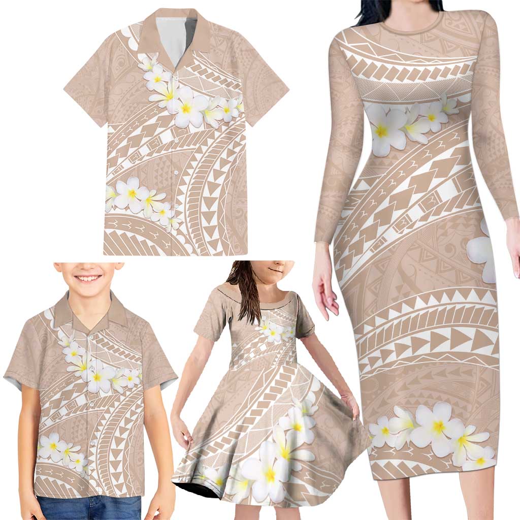 Polynesian Vintage Floral Family Matching Long Sleeve Bodycon Dress and Hawaiian Shirt Beige Motifs - Polynesian Pride