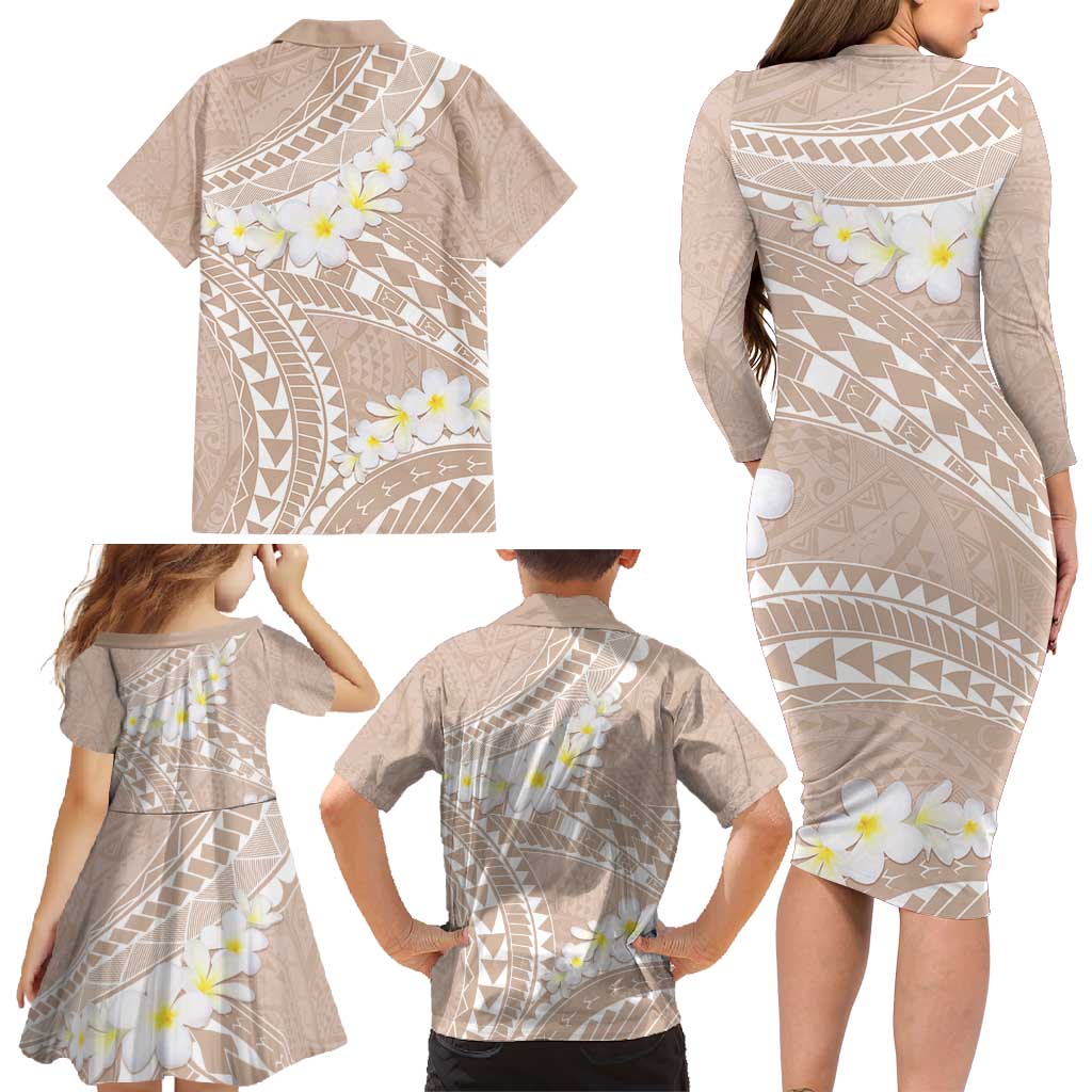 Polynesian Vintage Floral Family Matching Long Sleeve Bodycon Dress and Hawaiian Shirt Beige Motifs - Polynesian Pride