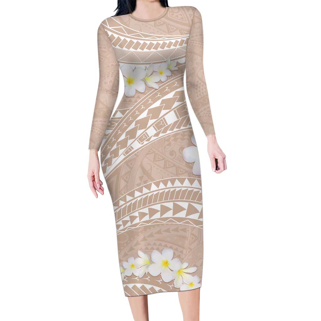 Polynesian Vintage Floral Family Matching Long Sleeve Bodycon Dress and Hawaiian Shirt Beige Motifs - Polynesian Pride