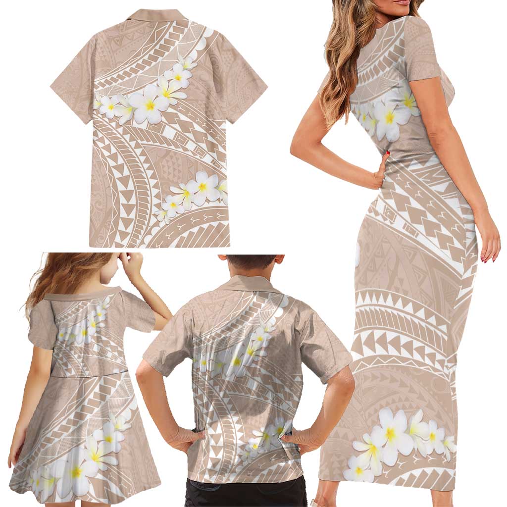 Polynesian Vintage Floral Family Matching Short Sleeve Bodycon Dress and Hawaiian Shirt Beige Motifs - Polynesian Pride