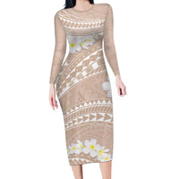 Polynesian Vintage Floral Long Sleeve Bodycon Dress Beige Motifs - Polynesian Pride
