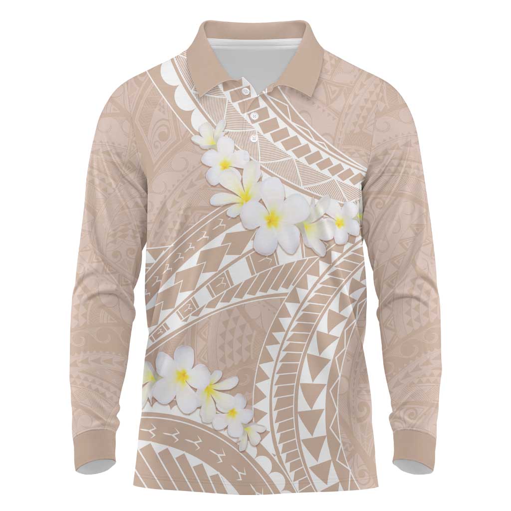 Polynesian Vintage Floral Long Sleeve Polo Shirt Beige Motifs - Polynesian Pride